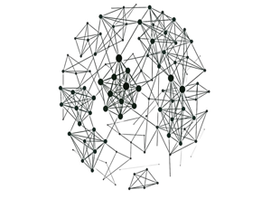 Line drawing of a network: nodes joined by edges, grouped into dense clusters